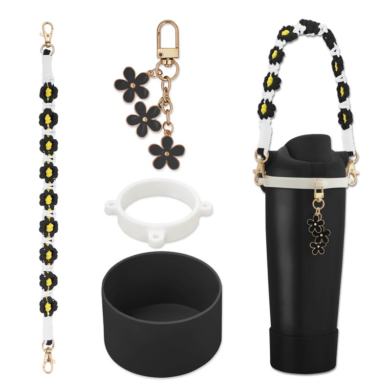 SITKOL Accessories Set for Owala FreeSip Sway 30/40oz, Tumbler 40oz & Kids 16oz Water Bottle - Includes Silicone Boot, Handle Carrying Strap and Cute Flower Charms (Black) - Image 1